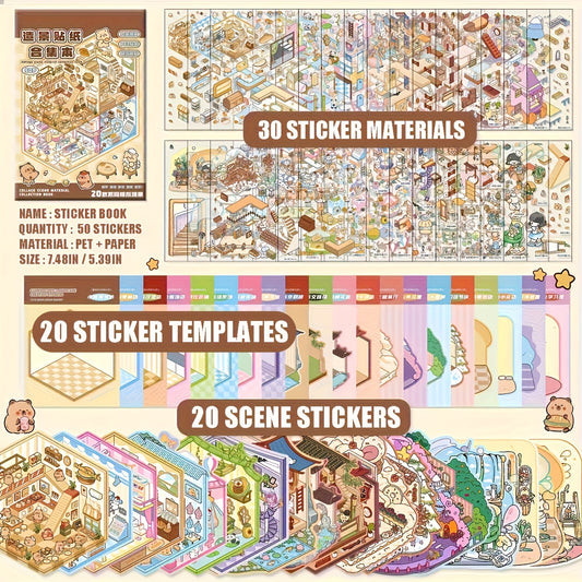 50 Page Capybara Sticker Collection 3D House & Animal Non Toxic DIY Scenes