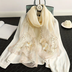 Flower Embroidery Silk Blend Scarf Solid Shawl Breathable Windproof Head Wrap