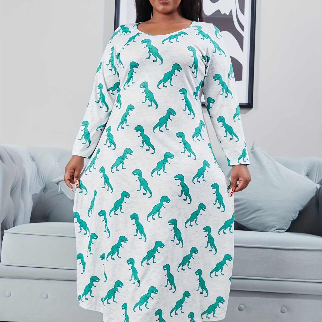  Dinosaur Print Long Sleeve Round Neck Nightdress