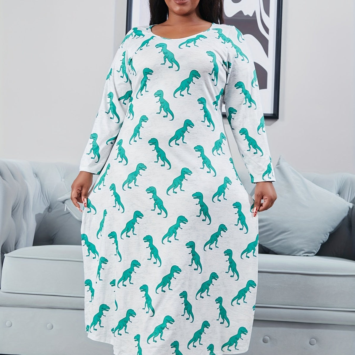  Dinosaur Print Long Sleeve Round Neck Nightdress