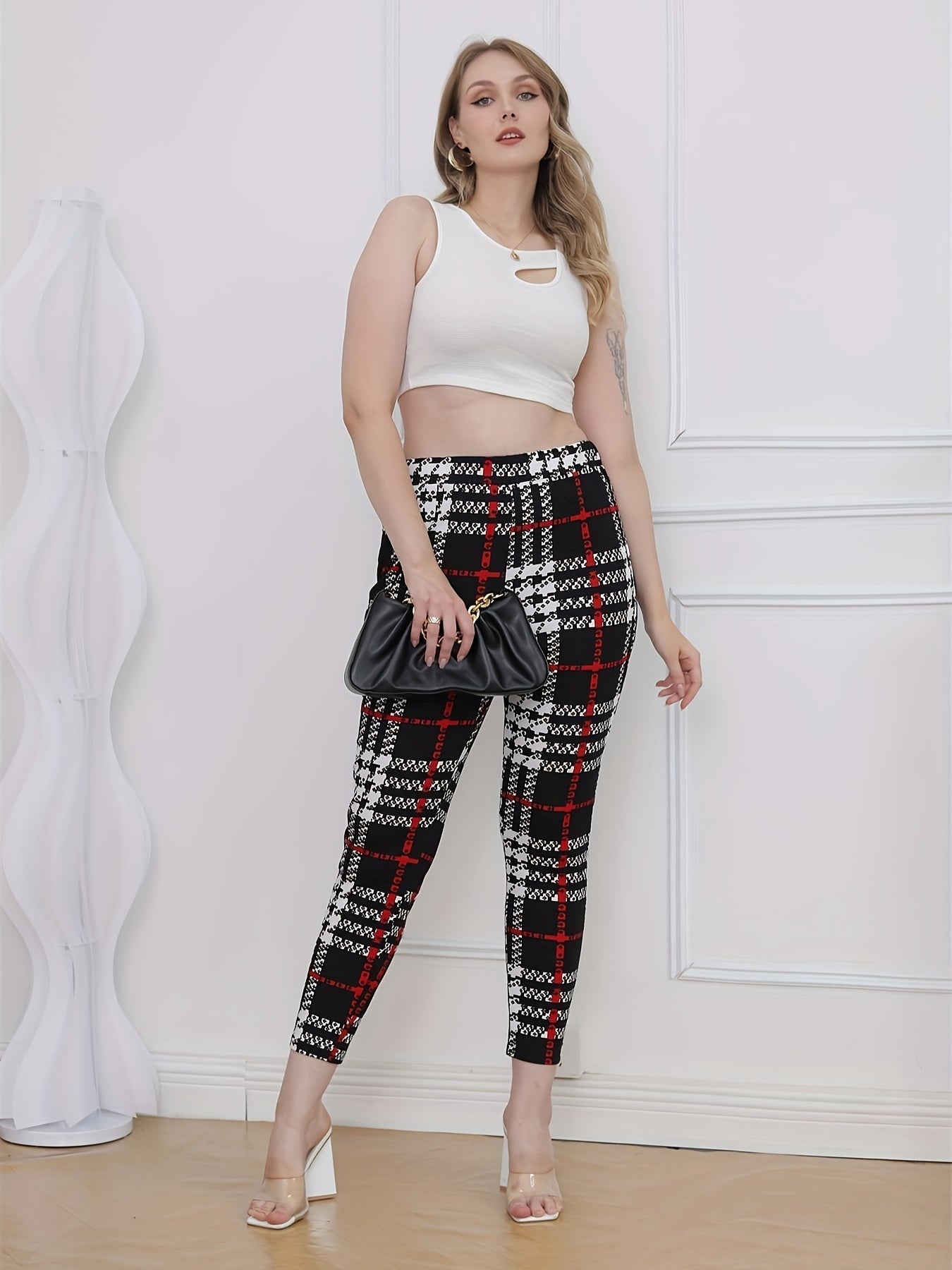  Plaid Print High Rise Skinny Trousers