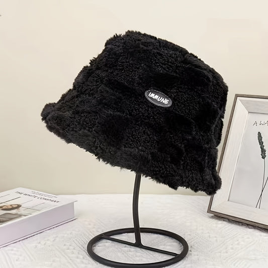 Soft Plush Winter Bucket Hat Women Faux Fur Windproof Cap