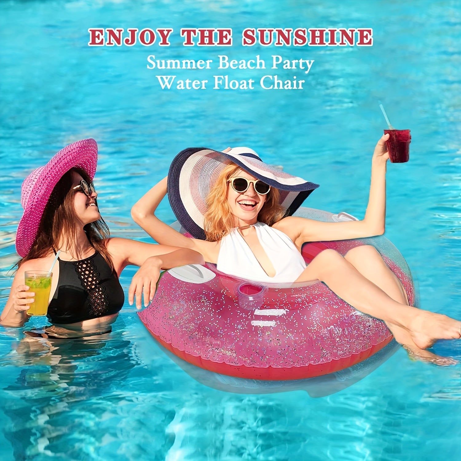 Inflatable Glitter Raft Pool Float with Cup Holder, Handles - 40 inches