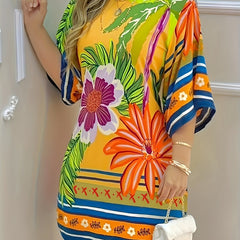 Plus Floral Print Half Sleeve Round Neck Tee Dress