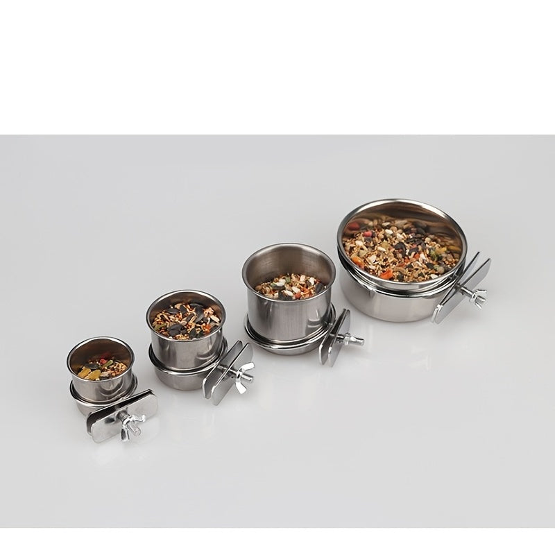 Stainless Steel Bird Feeding Cups with Clamp Holder for Parrot Food and Water