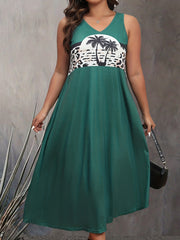  Leopard Print Maxi Tank Dress V Neck Medium Stretch