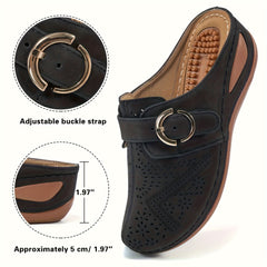 Women's Wedge Clogs Closed Toe Hollow Out Buckle Strap Decor Mules