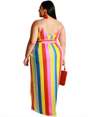 Colorful Striped Loose Fit Cami Dress With Belt Women's Plus Long Dress