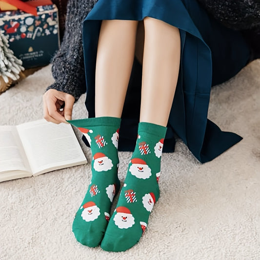 4 Pairs Cartoon Print Socks Comfy & Christmas Mid Tube Socks Women's Stockings