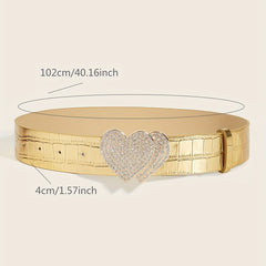 Rhinestone Heart Buckle Belt Golden Elastic Wide Belt PU Leather Waistband