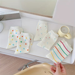 3 Pairs Colorful Dot & Stripe Print Socks Comfy Mid Tube Stockings