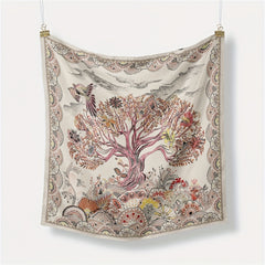 Vintage Tree Print Bandana Beige Square Scarf Boho Satin Neckerchief