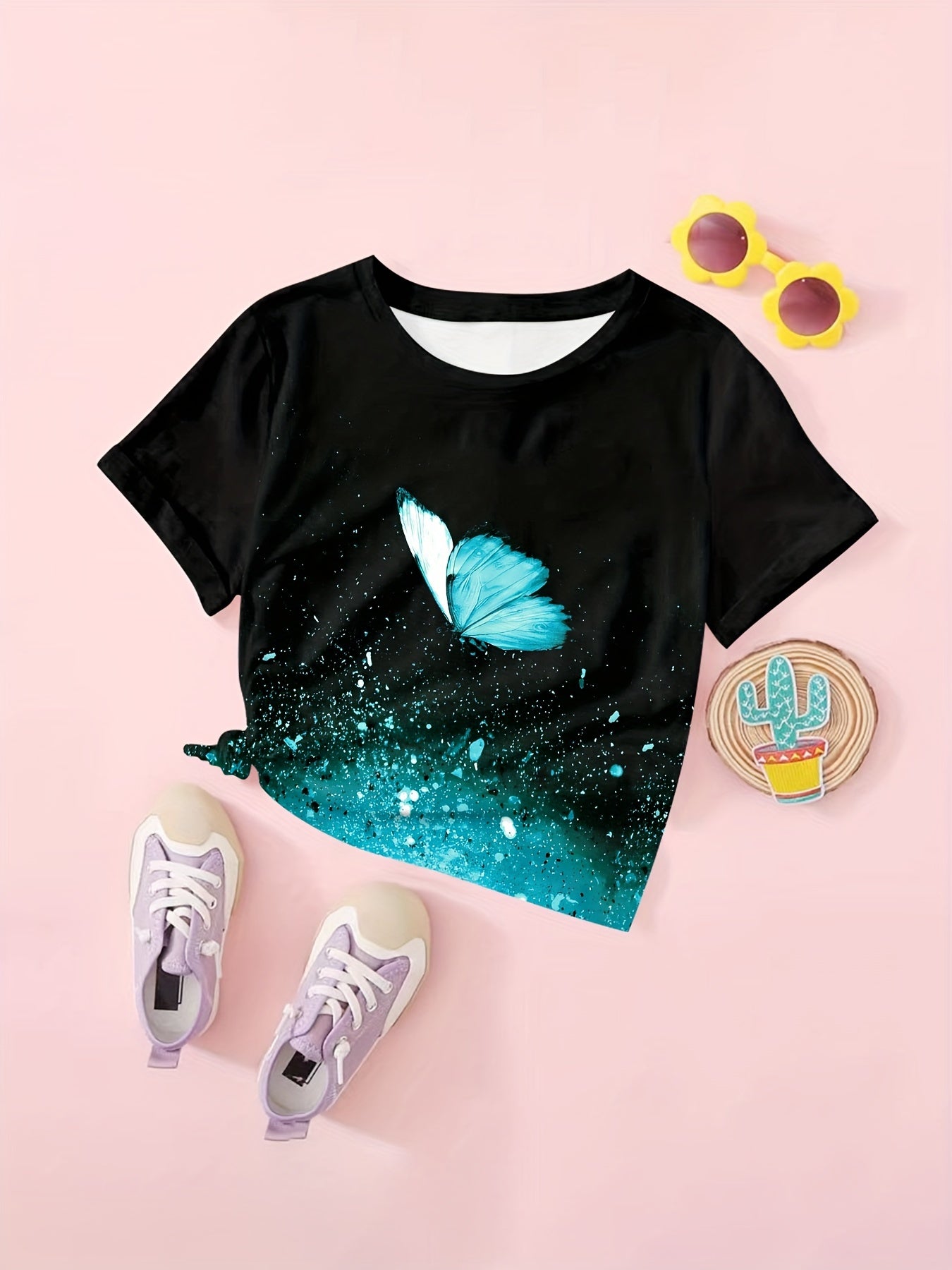 Girls Butterfly Print Short Sleeve T shirt Summer Tee Party Gift