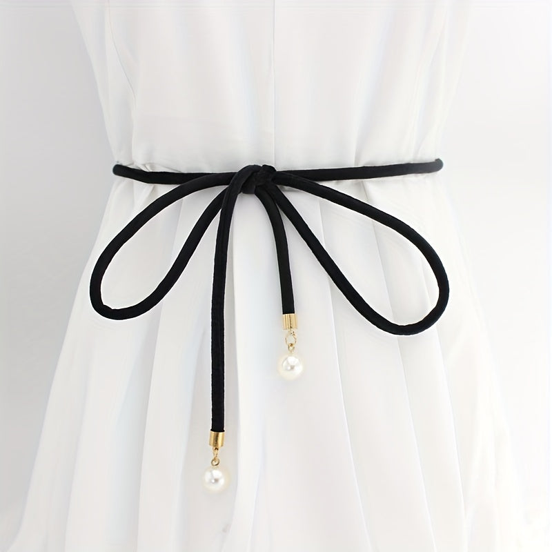 Faux Pearl Pendant Sash Belt Velvet Cloth Knotted Thin Belt