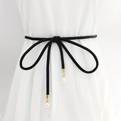 Faux Pearl Pendant Sash Belt Velvet Cloth Knotted Thin Belt