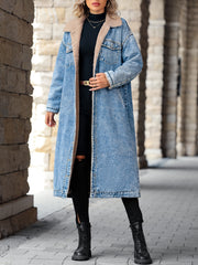 Casual Denim Jacket Women's Plus Solid Fleece Longline Denim