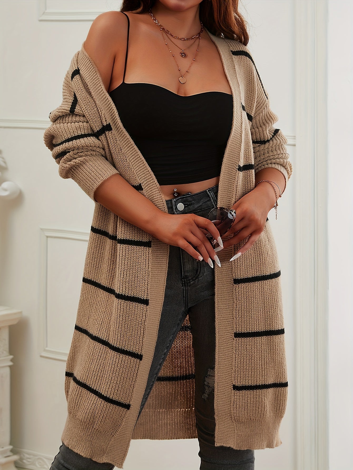  Striped Ribbed Knit Cardigan