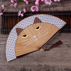 Cat Pattern Folding Fan Portable Handheld Cartoon Retro Bamboo Fan