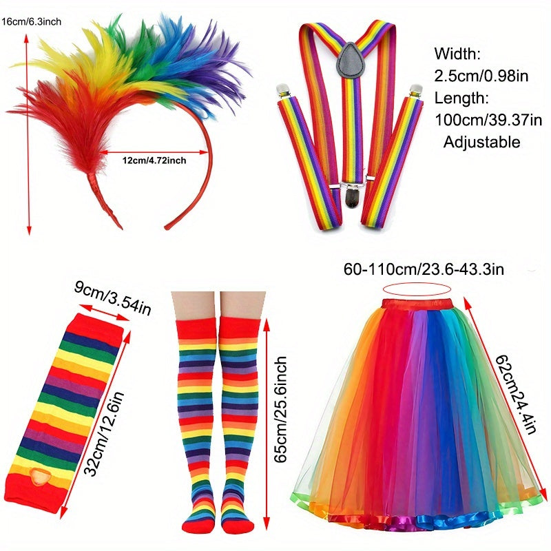 Rainbow Feather Headband Suspender Cuffs Socks Skirt Accessories Set 3p