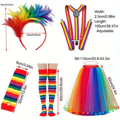 Rainbow Feather Headband Suspender Cuffs Socks Skirt Accessories Set 3p