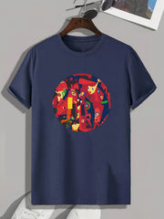 Red Cartoon Print Men's Tee for Summer