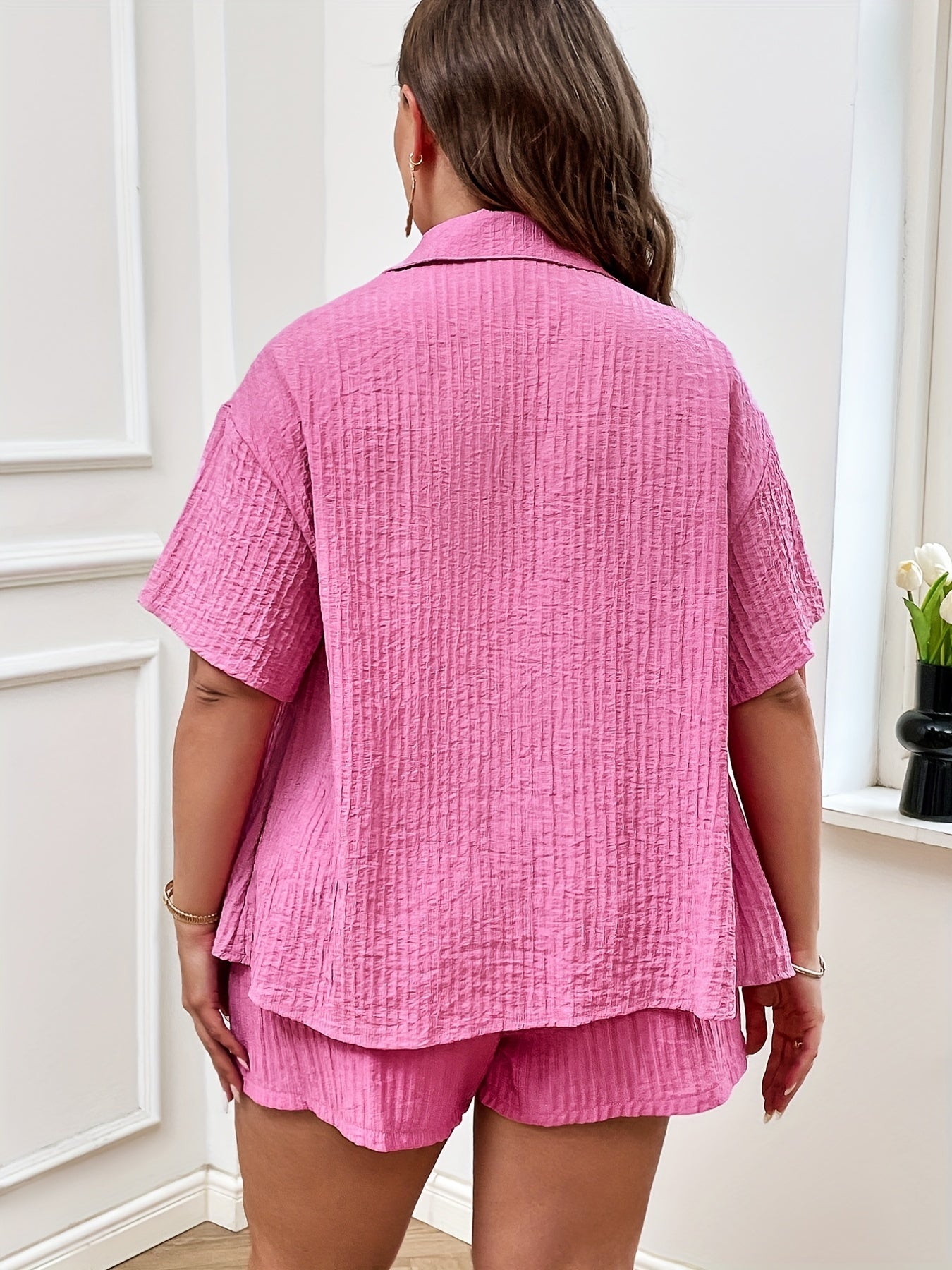 Women's Plus Solid Button Up Drop Shoulder Blouse & Shorts Set
