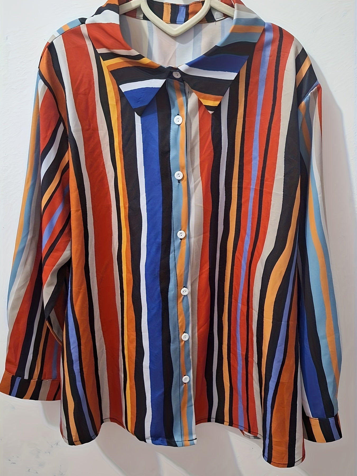  Colorblock Stripe Print Button Up Blouse