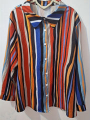  Colorblock Stripe Print Button Up Blouse