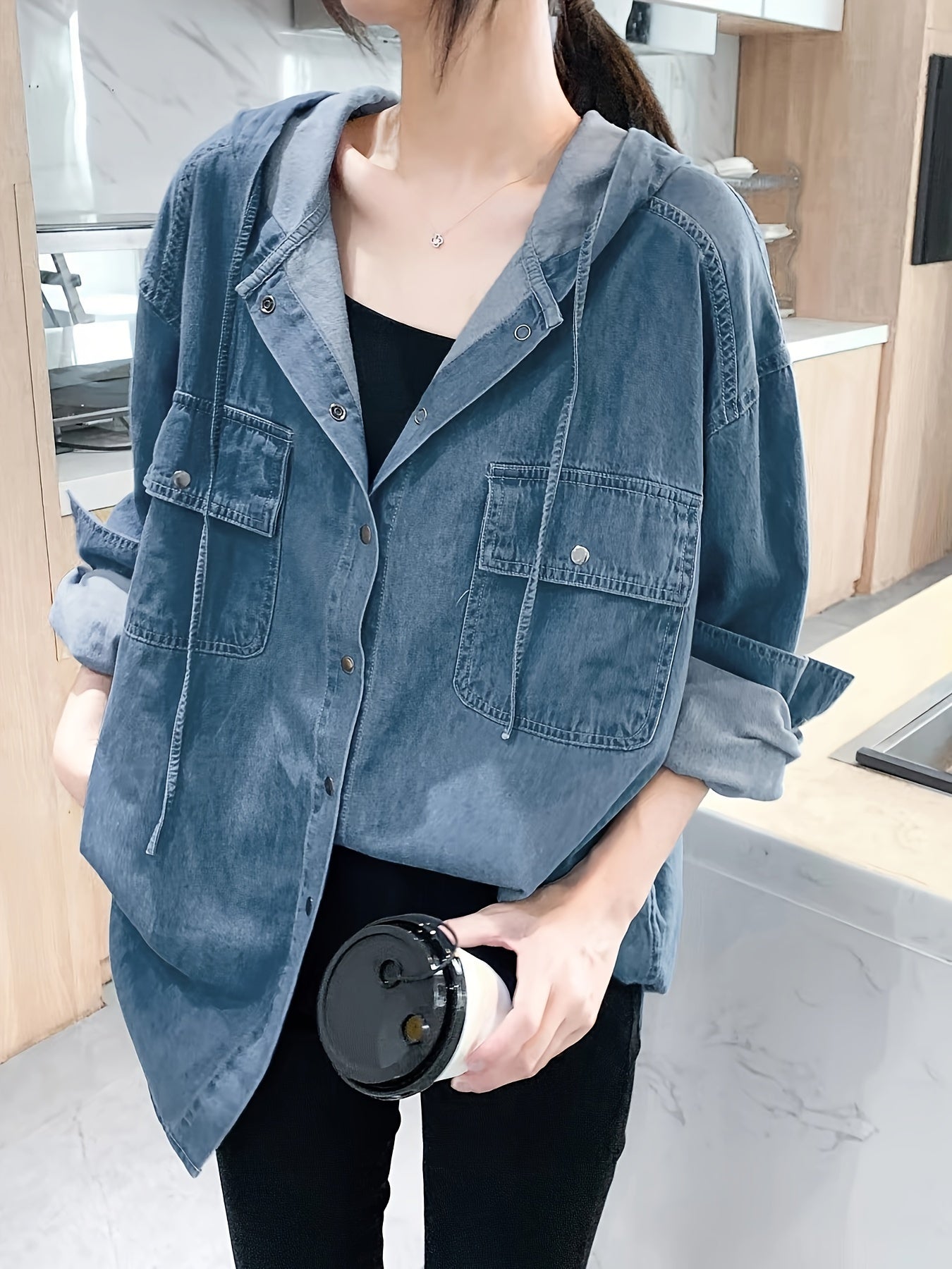 Plus Size Hooded Denim Blouse Long Sleeve Button Up