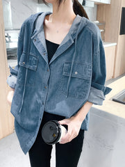 Plus Size Hooded Denim Blouse Long Sleeve Button Up