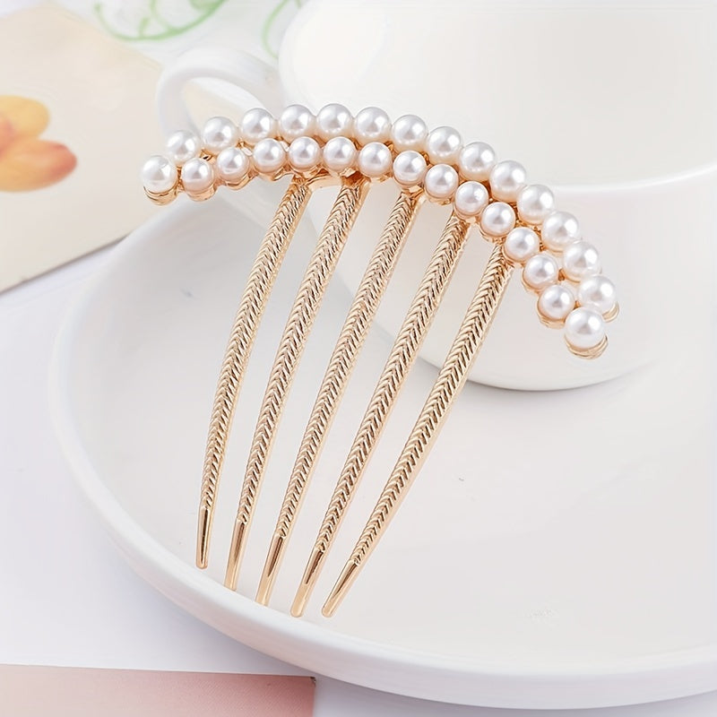 Rhinestone Faux Pearl Hair Comb Pin for Women