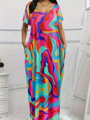  Boho Maxi Dress Short Sleeve Round Neck With Pockets