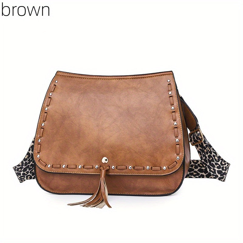 Leopard Strap Crossbody Bag Tassel Shoulder Bag Goth Studded Decor Purses