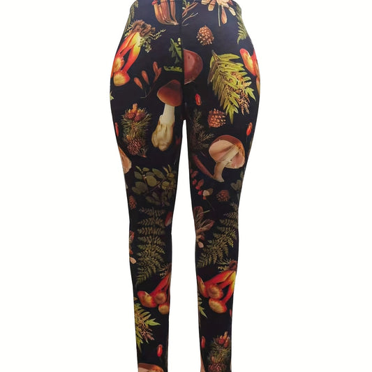 Women's Plus Mushroom Print High Rise Skinny Yoga Running Pants