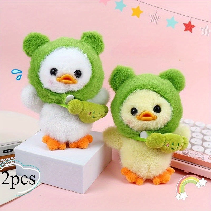 2pcs Plush Duckling Keychains Soft Stuffed Toys Green Hoods Orange Feet Beaks