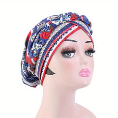 Boho Print Braided Turban Cap Vintage Pre-tied Bonnet Head Wrap Head Scarf