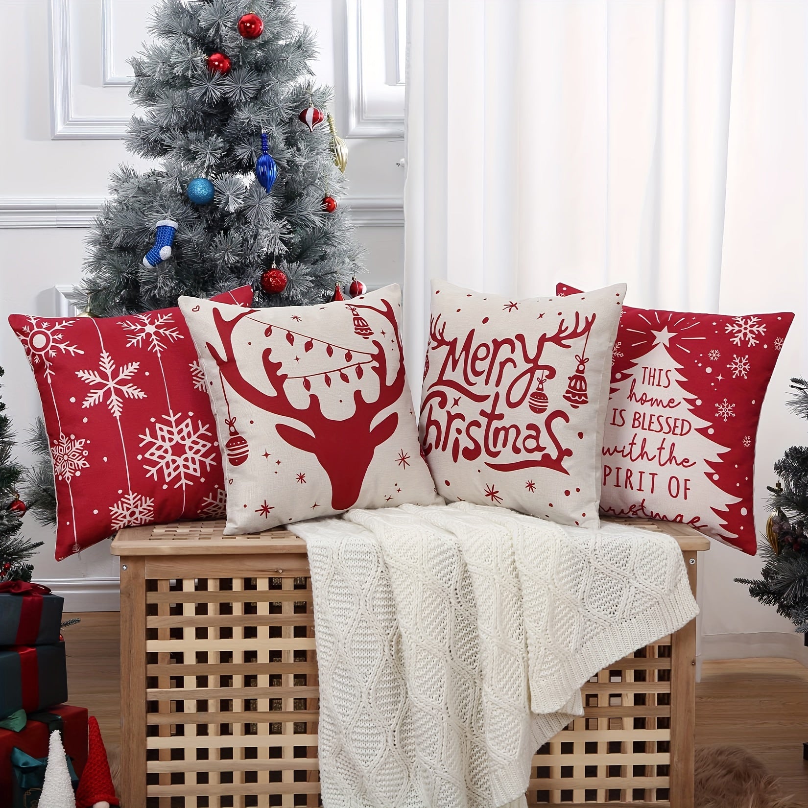 4pcs Christmas Linen Blend Cushion Cover 18''x18'' Zipper Printed Pillow Cover