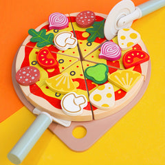 Wooden Pizza Pretend Play Toy DIY Slicing & Sticking Game with Magic Tape