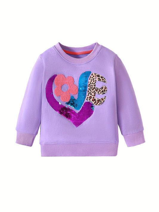 Girls Sequin Applique Crew Neck Sweatshirt Casual Fit Autumn Tops