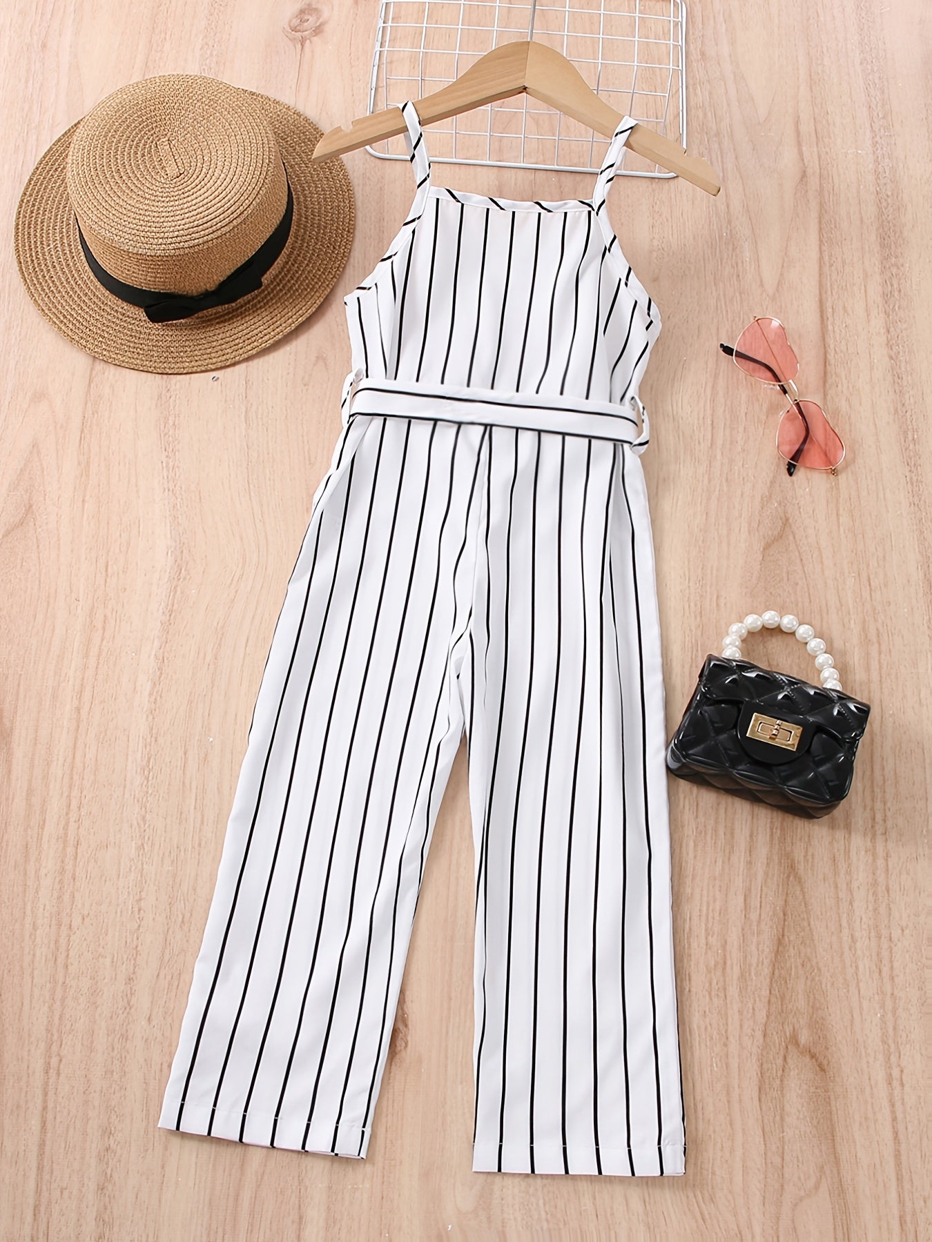 Girls Striped Ruffle Trim Button Belted Cami Jumpsuit Romper