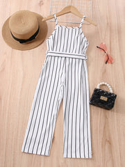 Girls Striped Ruffle Trim Button Belted Cami Jumpsuit Romper