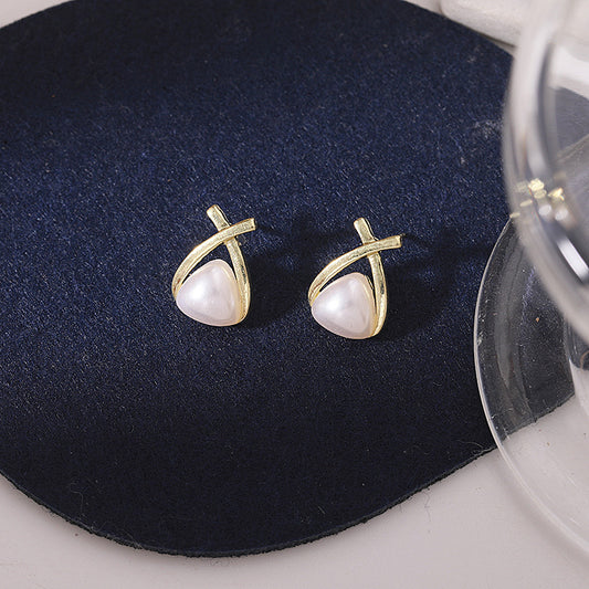 Geometric Triangle Faux Pearl Stud Earrings Female Temperament Ear Jewelry
