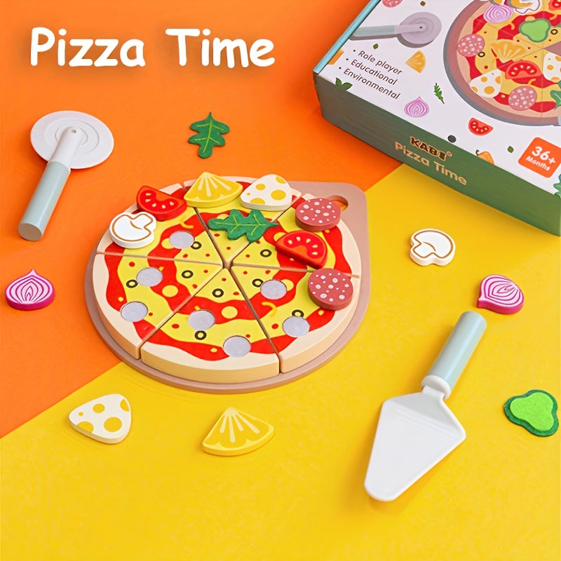 Wooden Pizza Pretend Play Toy DIY Slicing & Sticking Game with Magic Tape