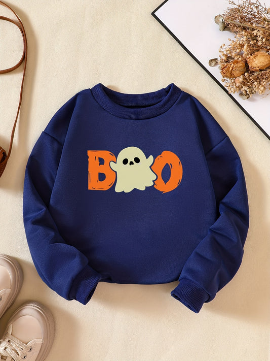 Girls' Fun Ghost Print Sweatshirt - Casual Halloween Outfit
