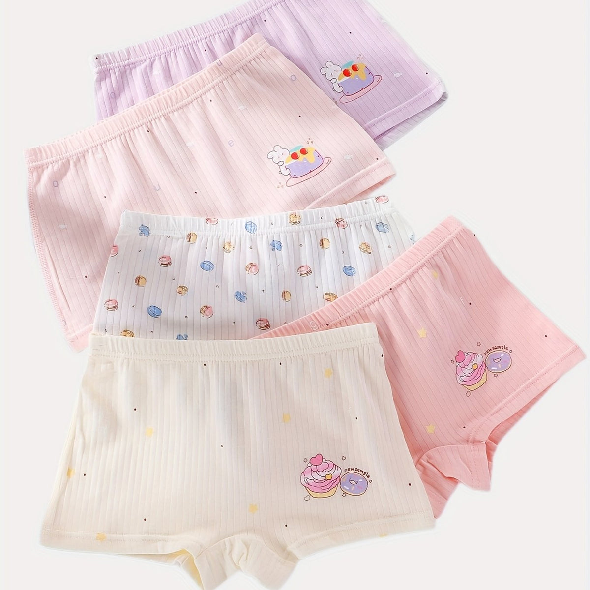 5pcs Girls Cartoon Rabbit & Cake Shortie Briefs Soft Cotton Underwear