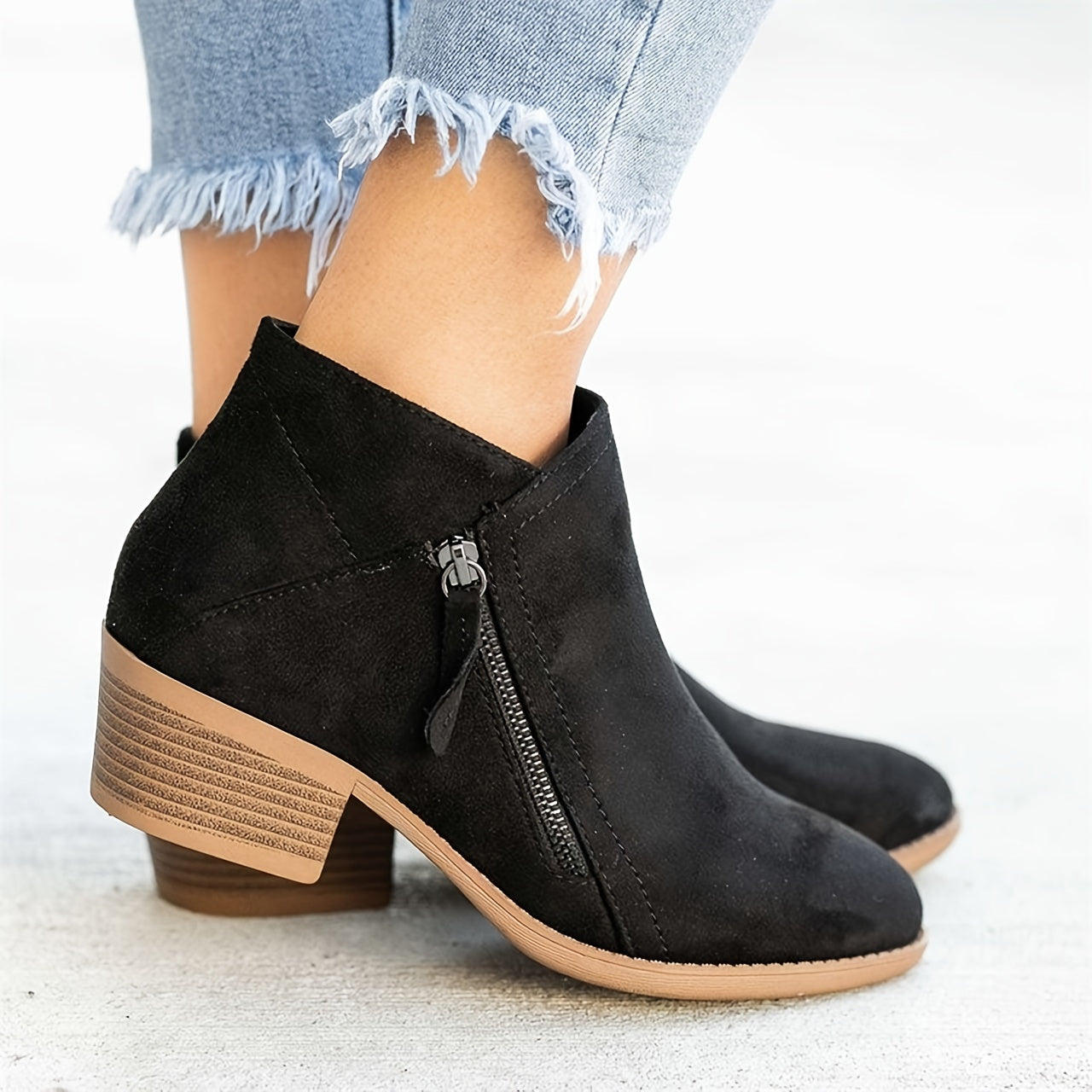 Women's Stacked Heel Ankle Boots Round Toe Side Zipper Casual Short Boots