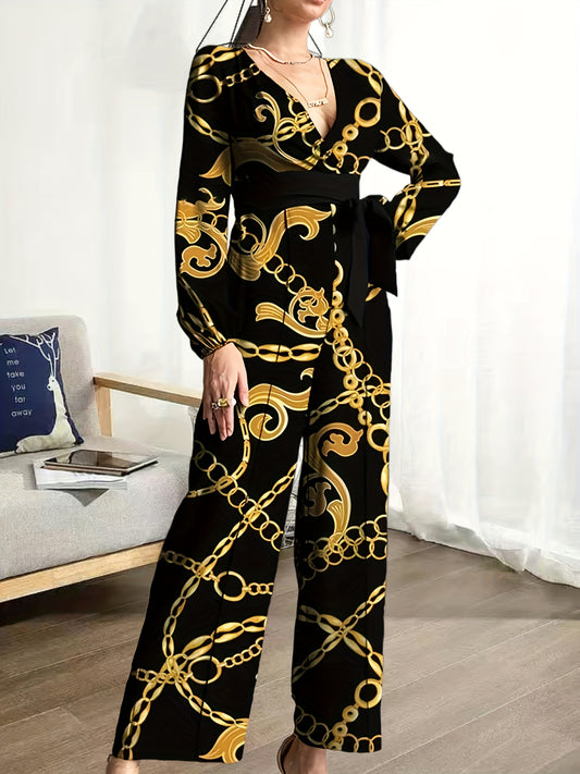 Chain Print Belted Wide Leg Jumpsuit Long Sleeve V-Neck