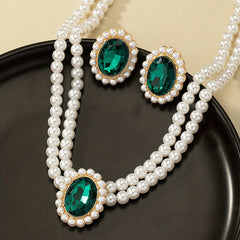 Vintage Emerald Stud Earrings & Faux Pearl Choker Necklace Set