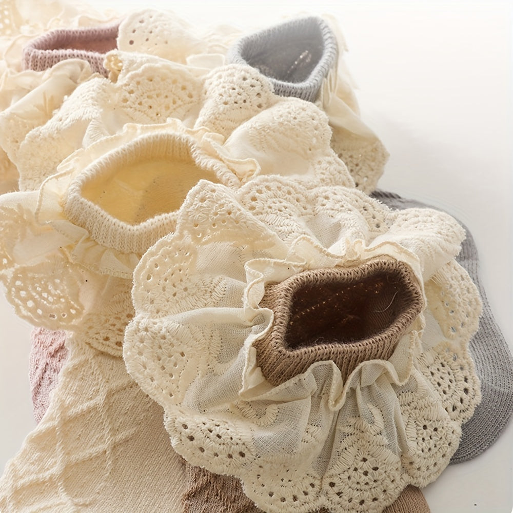 Baby Girls Cotton Argyle Crew Socks Ruffle Lace Decor Spring Autumn