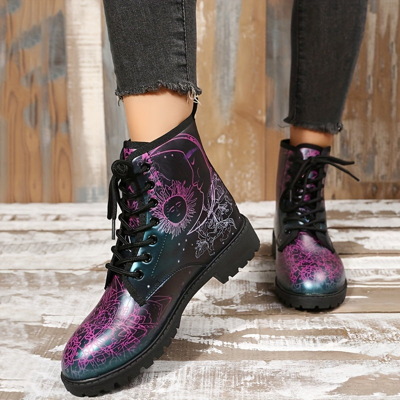 Gothic Style Ankle Combat Boots Sun & Moon Print Non Slip Outdoor Shoes